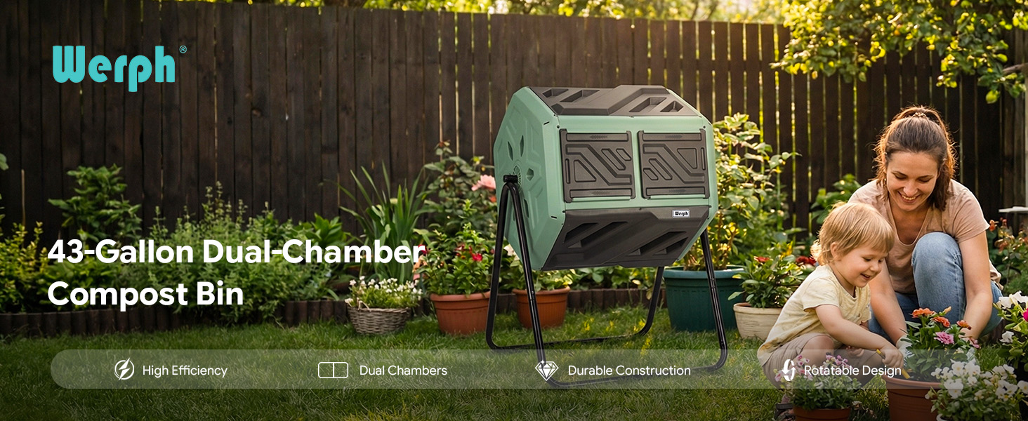 Werph Updated 43 Gallon Dual-Chamber Compost Bin for Garden, Kitchen, and Yard