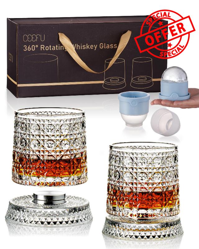 CEEFU 360° Spinning Whiskey Glasses Set with Gift Box