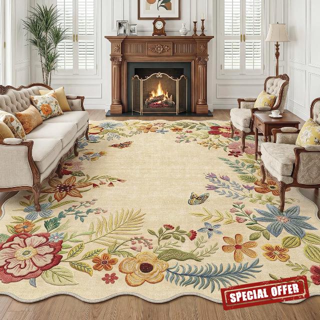 FMFUNCTEX 8x10 Washable Beige Floral Scalloped Area Rug for Living Room | Boho Vintage Flower Colorful Traditional Cream Soft Non Slip Low Pile Large Indoor Thin Carpet Bedroom Dining Room Nursery