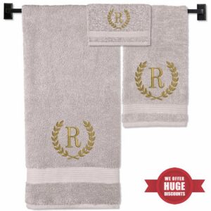 Bathroom Towel Set | Monogrammed Beige Bathroom Towels | Luxury Cotton Turkish Towels Personalized Gifts | Set of 3 | Embroidered in USA | Choose Set Color | A - Z