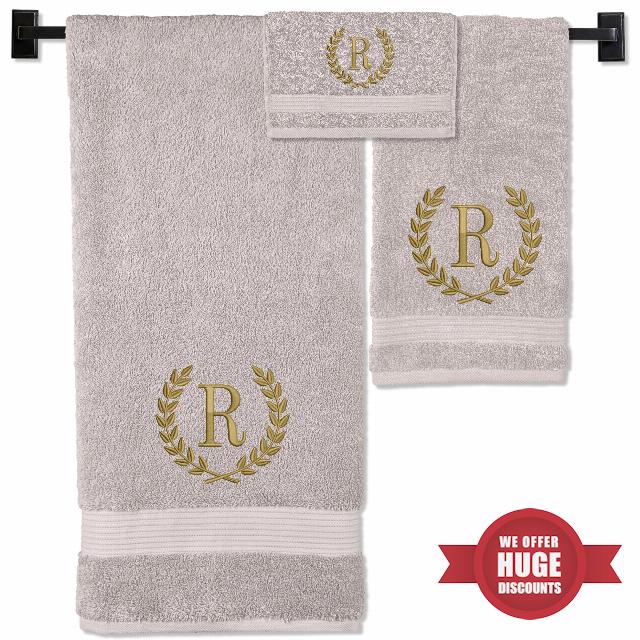 Bathroom Towel Set | Monogrammed Beige Bathroom Towels | Luxury Cotton Turkish Towels Personalized Gifts | Set of 3 | Embroidered in USA | Choose Set Color | A - Z