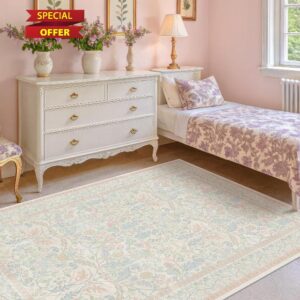 Washable Blue and Pink Rug 5x7 - Baby Girls Nursery Rug Non Slip