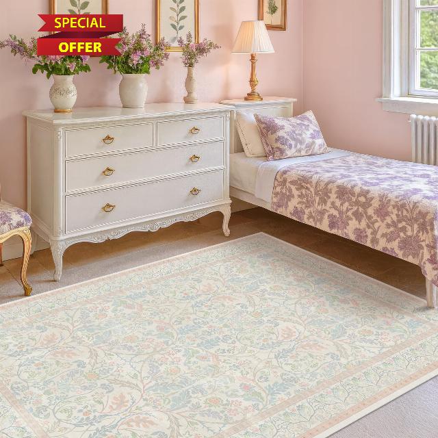 Washable Blue and Pink Rug 5x7 - Baby Girls Nursery Rug Non Slip