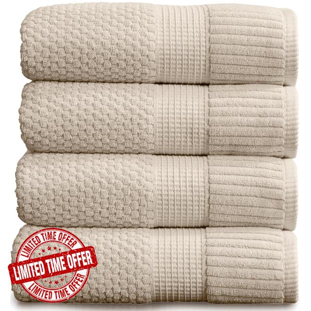 Springtree Home 4 Pack 100% Cotton Bath Towels | Beige Towels | Oeko‑TEX Standard 100 | Soft & Absorbent