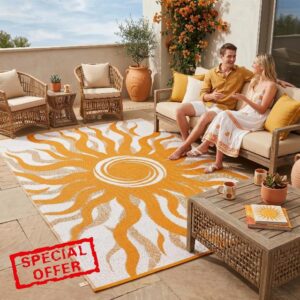 Garvee Outdoor Rug 5x8 Waterproof Patio Rugs with Boho Sun Pattern