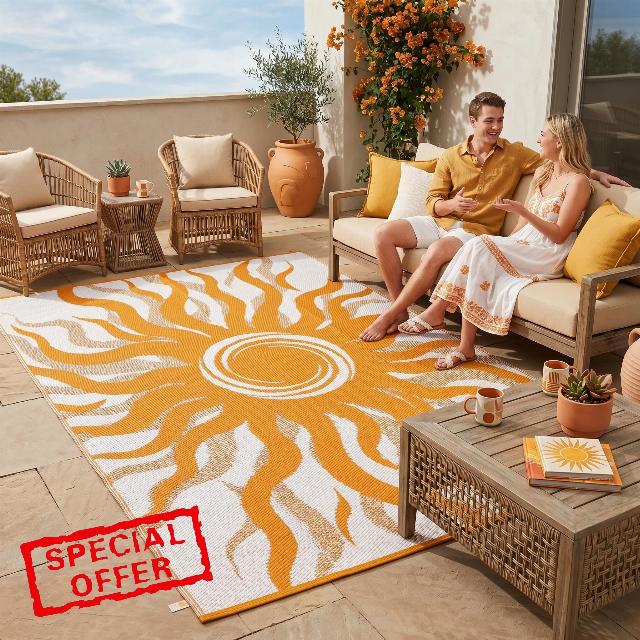 Garvee Outdoor Rug 5x8 Waterproof Patio Rugs with Boho Sun Pattern