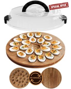 Trauful Deviled Egg Carrier with Lid and Handle | Reversible | Wooden Portable Deviled Egg Containers with Lid for Party Travel | Covered Platter Tray Holder | Holds 22 Eggs