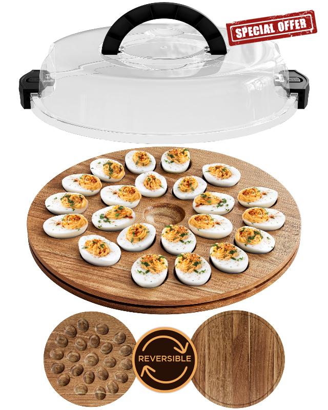 Trauful Deviled Egg Carrier with Lid and Handle | Reversible | Wooden Portable Deviled Egg Containers with Lid for Party Travel | Covered Platter Tray Holder | Holds 22 Eggs