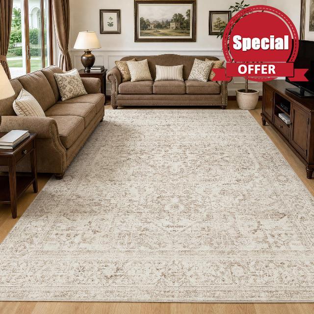 FMFUNCTEX 8x10 Washable Beige Neutral Oriental Large Living Room Area Rug | Cream Distressed Vintage Farmhouse Non Slip Low Pile Soft Thin Indoor Carpet Throw Rug Mat Bedroom Dining Room Office Nursery