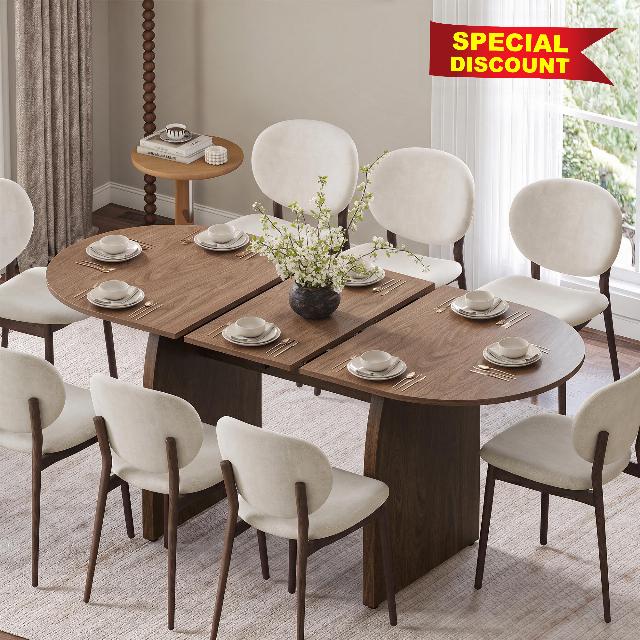 55"-70.8" Extendable Oval Dining Table for 4-8 with Built-in Flip Leaf                                                          Walnut Expandable Farmhouse Kitchen Table with Heavy Duty Pedestal Base