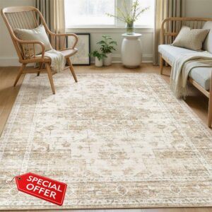 Washable Area Rugs 5x7: Soft Vintage Beige Rugs for Living Room | Non Slip Stain Resistant Indoor Floor Carpet for Bedroom Dining Kitchen Farmhouse Nursery Home Office Kid & Pet Friendly