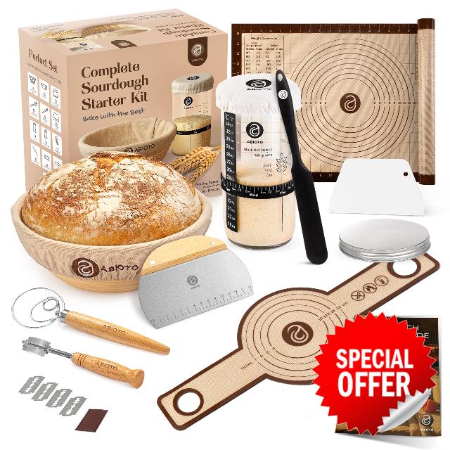 ABIOTO Sourdough Starter Kit with Banneton Bread Proofing Basket