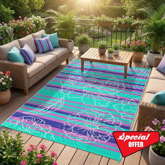 Garvee 5x8 Outdoor Waterproof Rug Reversible Straw Patio Rug Purple&Blue | Floral Outdoor Area Rug