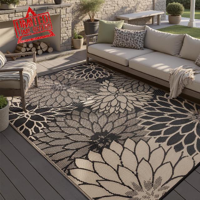 5x8 Brown Floral Reversible Indoor Outdoor Rug for Patio | Plastic Straw
