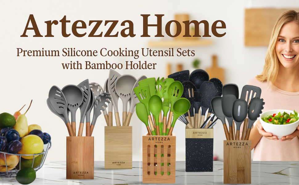 Artezza Home utensil sets used in various cooking scenes, with bamboo holder