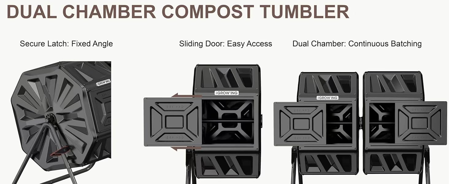 Dual chamber compost tumbler detailed view with smooth sliding doors and secure latches.