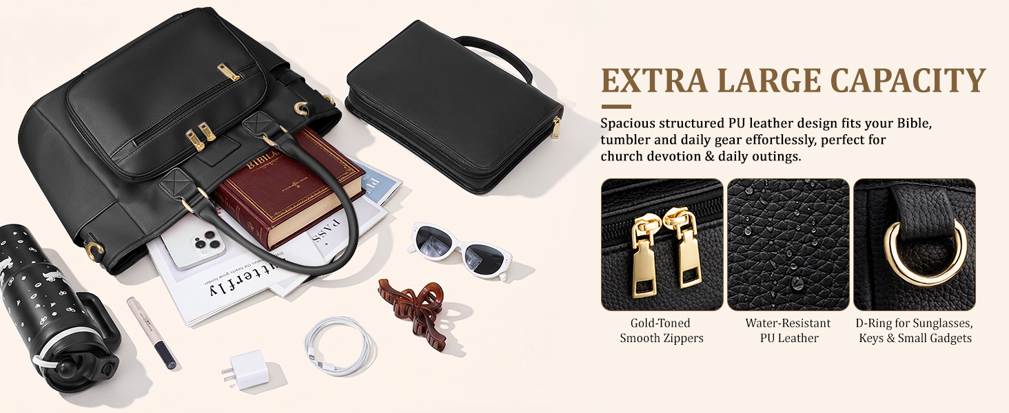 Bible tote for women with a matching removable Bible cover case included for separate or in-bag use.