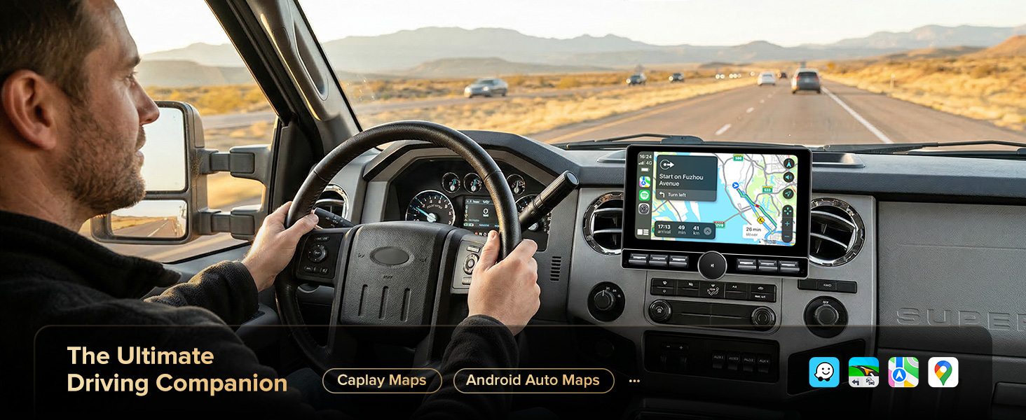 Ford F250 driver safely using wireless CarPlay GPS navigation on a sunny highway trip.