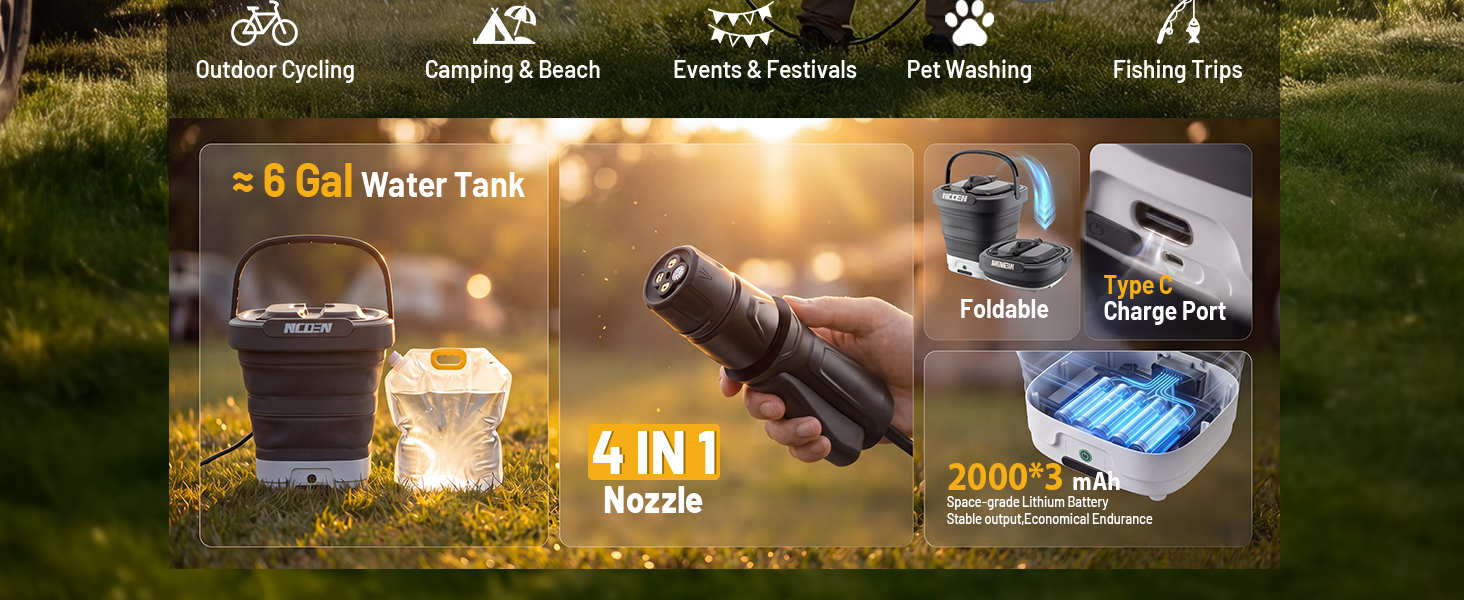Outdoor camping scene with text elements and product containers displayed including camping gear, lanterns, and various outdoor equipment arranged on natural ground.