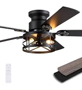 JSAITEE 52" Farmhouse Flush Mount Ceiling Fans with Lights, No Bulbs | Industrial Cage Fan Light ...