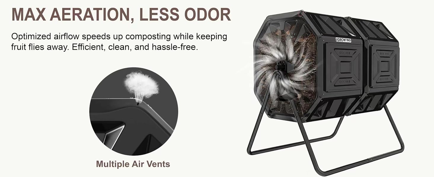 Tumbling composter aeration system with built in air ventilation slots for fast heating.