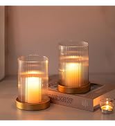 Glasseam Glass Hurricane Candle Holder: Set of 3 Gold Square Candle Holders for Pillar Candles La...