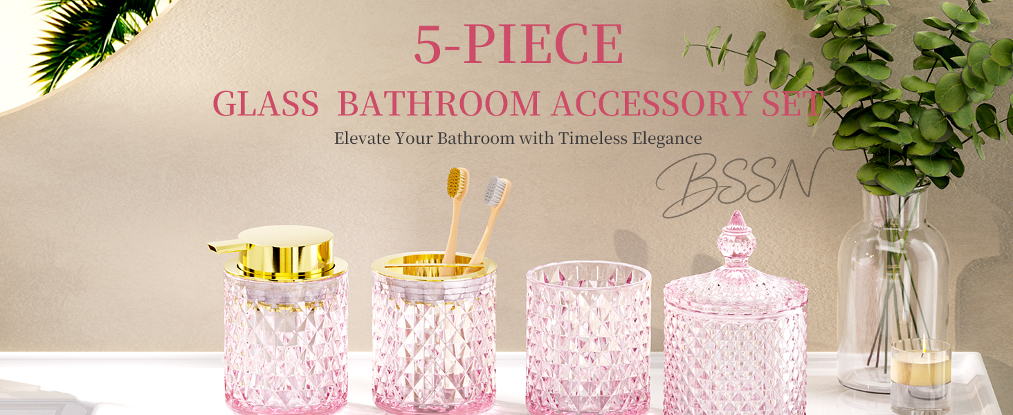 Pink Glass Bathroom Accessories Set