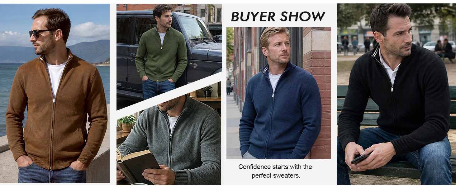 Buyer show of mens full zip sweaters in varied smart casual outfits