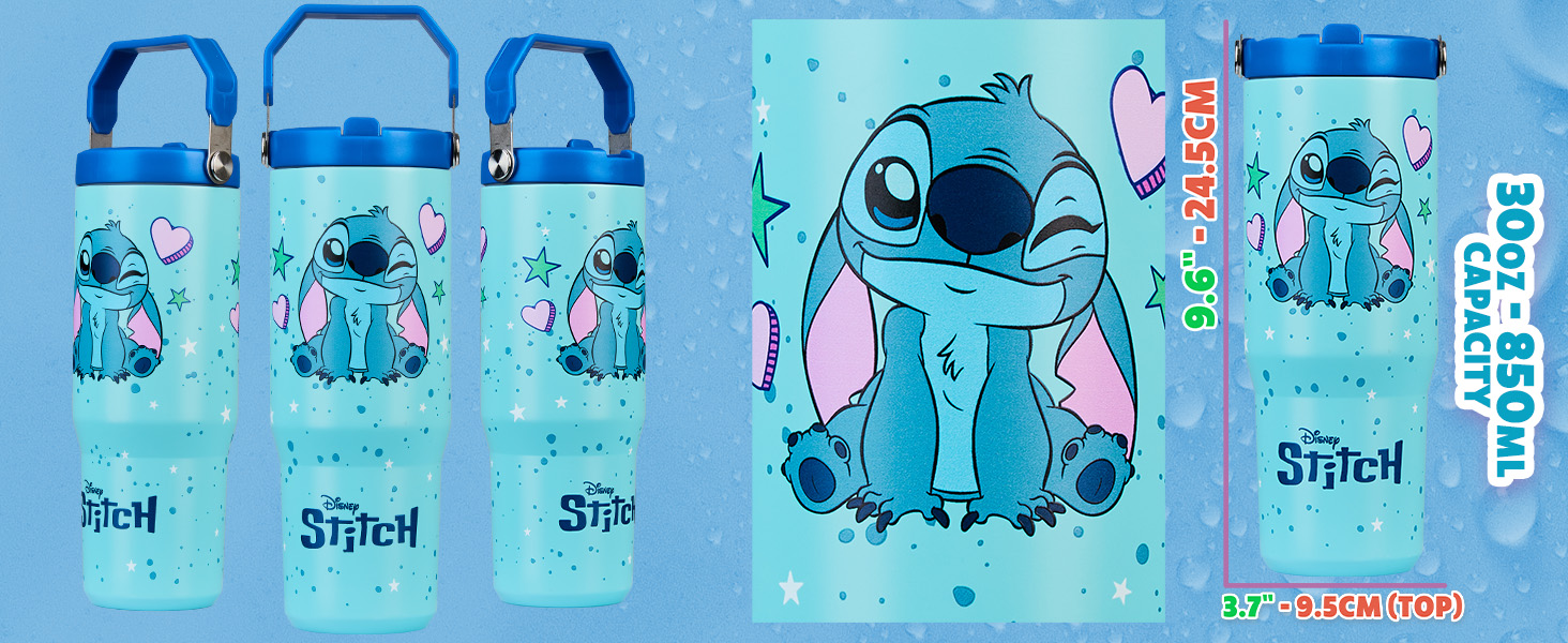 Text includes 'Stitch'. Series of blue cartoon character illustrations on light blue background, showing animated creature in different poses with hearts and decorative elements.