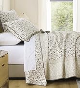 FineStichery King Size Quilt Set 3 Piece, 100% Cotton Blue and Ivory Quilt, Farmhouse Floral Reve...