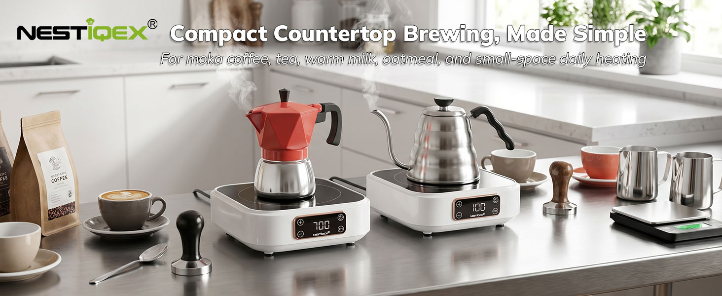 Compact Countertop Brewing For moka coffee, tea, warm milk, oatmeal, and small-space daily heating