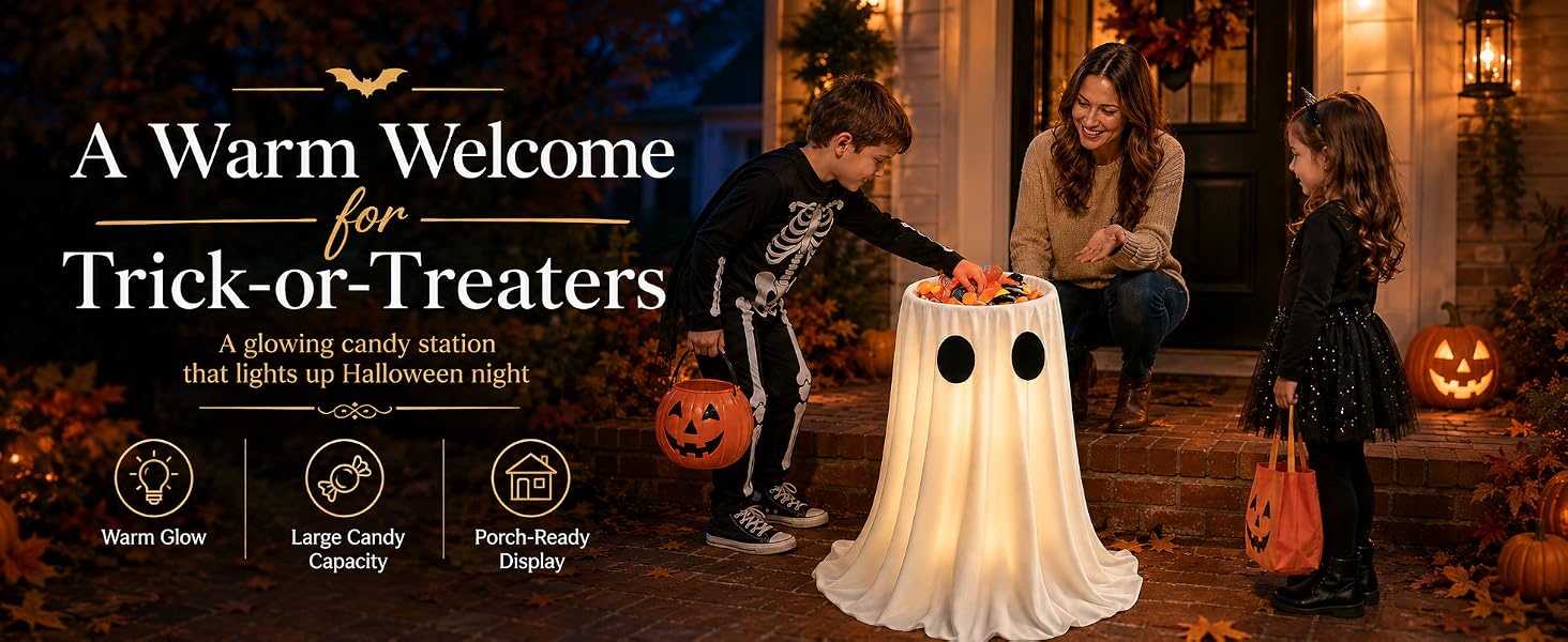 A lighted ghost Halloween candy bowl adds warm outdoor porch decor for trick-or-treaters