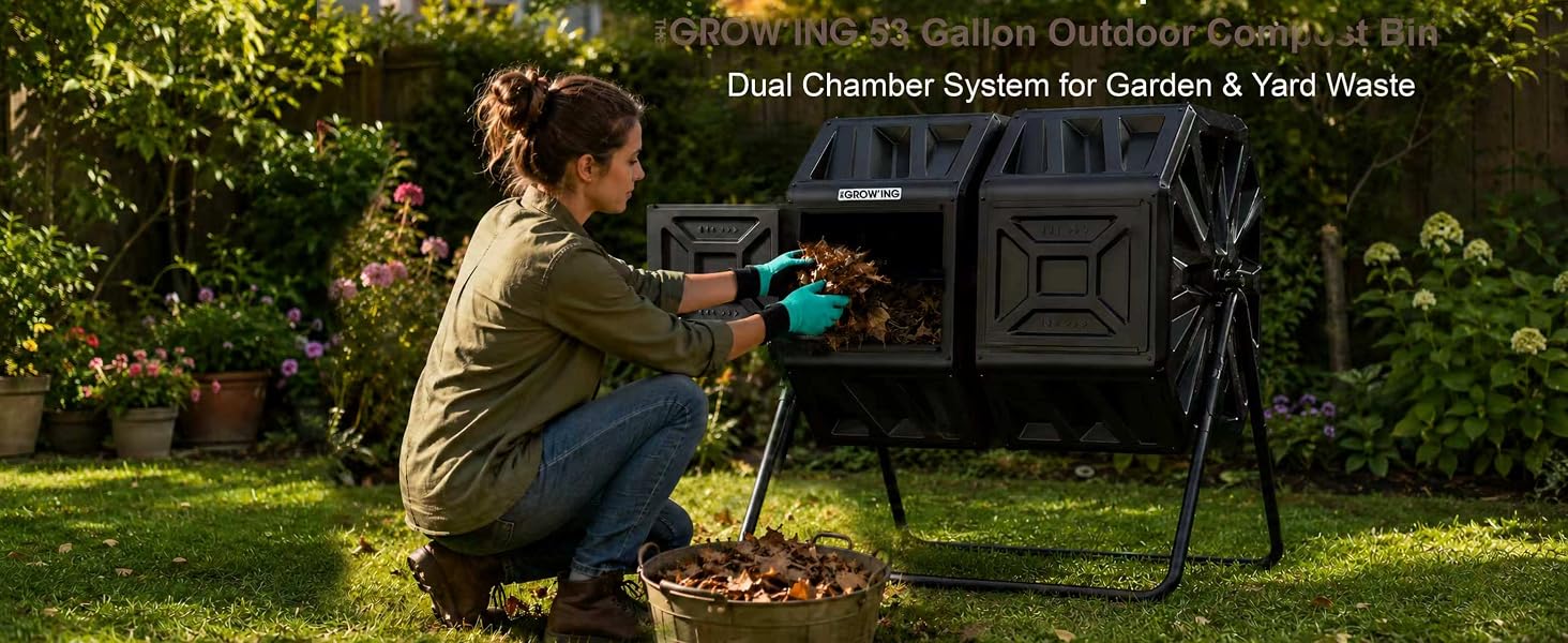 A person recycling kitchen scraps into the black outdoor compost bin in a backyard garden.