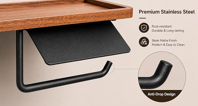 Toilet paper holder with wood shelf