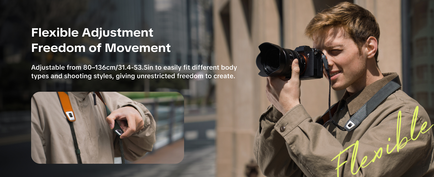 Text reads "Flexible Adjustment Freedom of Movement" with additional descriptive text about adjustable features. Two images show person wearing camera equipment with strap system and binoculars, demonstrating flexible adjustment capabilities for outdoor activities.
