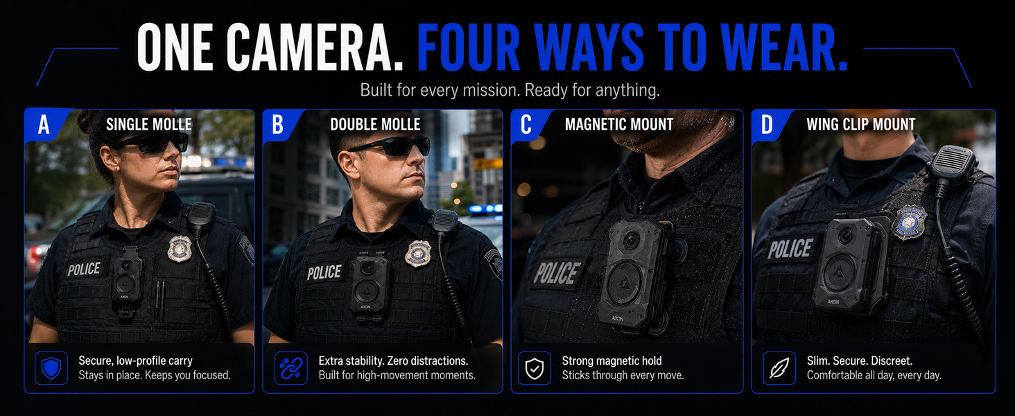 Four body camera mounts shown on tactical gear for different duty scenarios