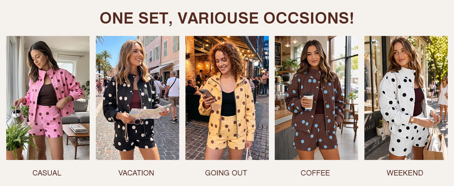 Tankaneo Womens 2 Piece Outfits Polka Dot Shorts Set Zip Up Cropped Jacket