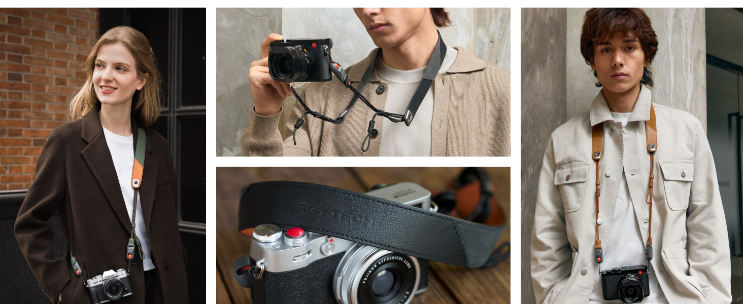 Composite image showing three people in business casual clothing holding professional photography equipment including cameras and telephoto lenses against neutral backgrounds.