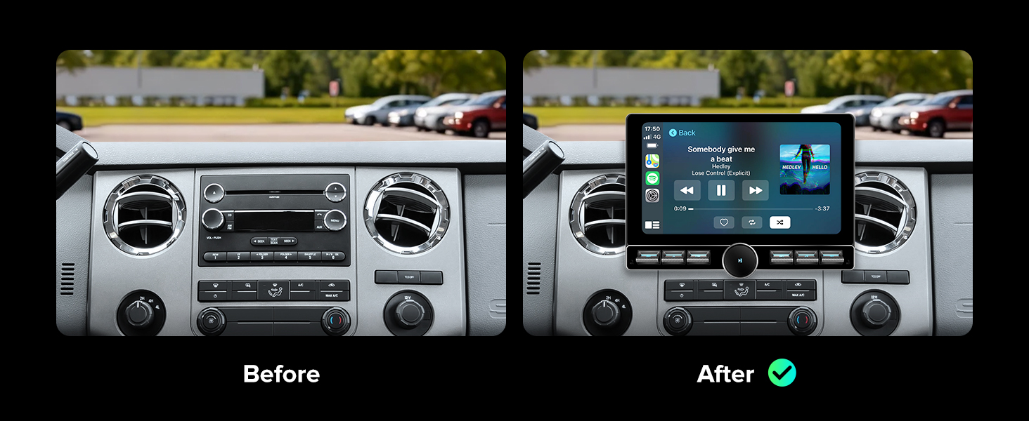 Exact fit smart radio replacing factory dashboards for Ford F150 F250 and F350 models.