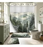 Olive Green Bathroom Sets with Hookless Shower Curtain and Rugs Dark Green Mid Century Modern No ...