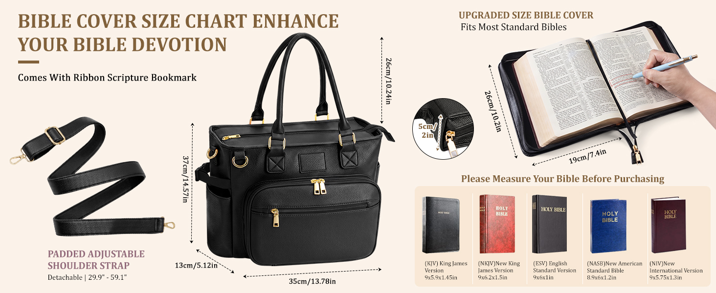 Bible tote with padded main compartment, zipper pocket, pen slots, side pocket, and back pocket