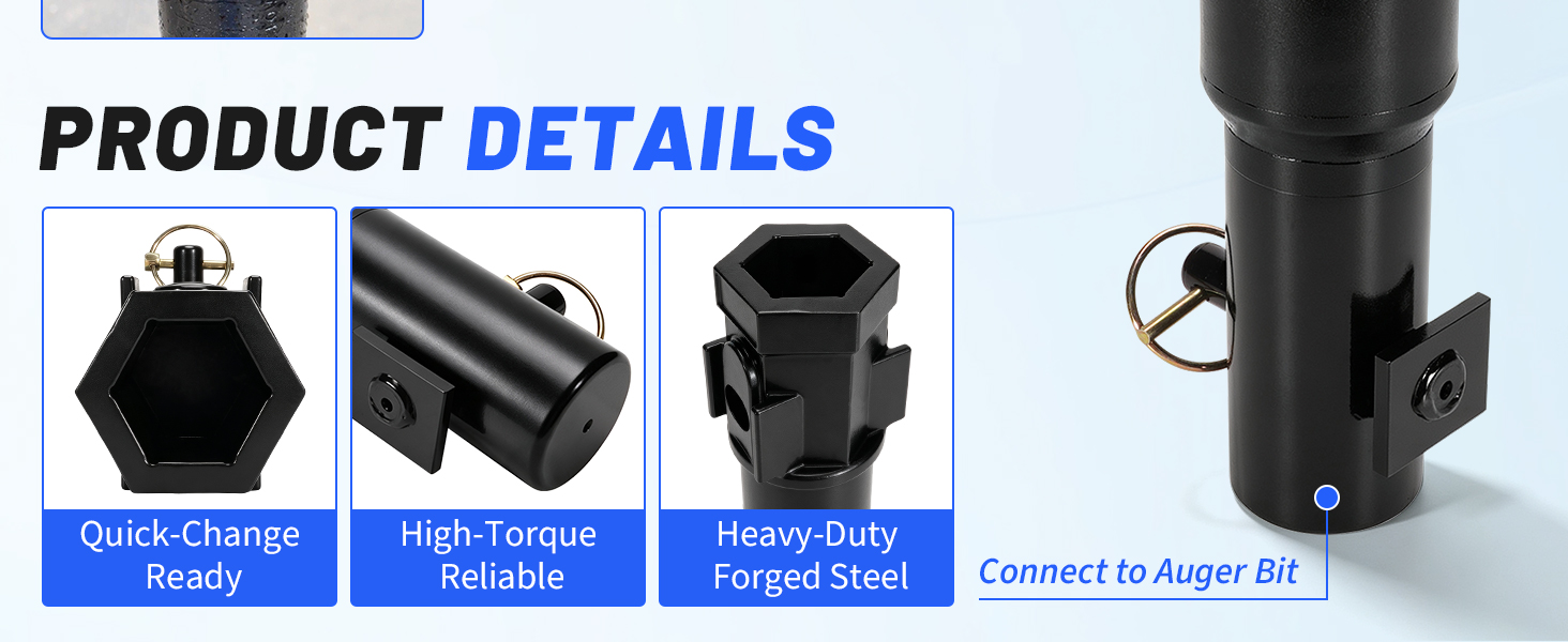 loosoo Auger Adapter Coupler, 2" Female Hex to 2-9/16in Male Round