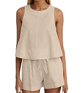 Ythomm Womens Two Piece Lounge Sets Round Neck Peplum Tops High Waist Linen Shorts Summer Matchin...