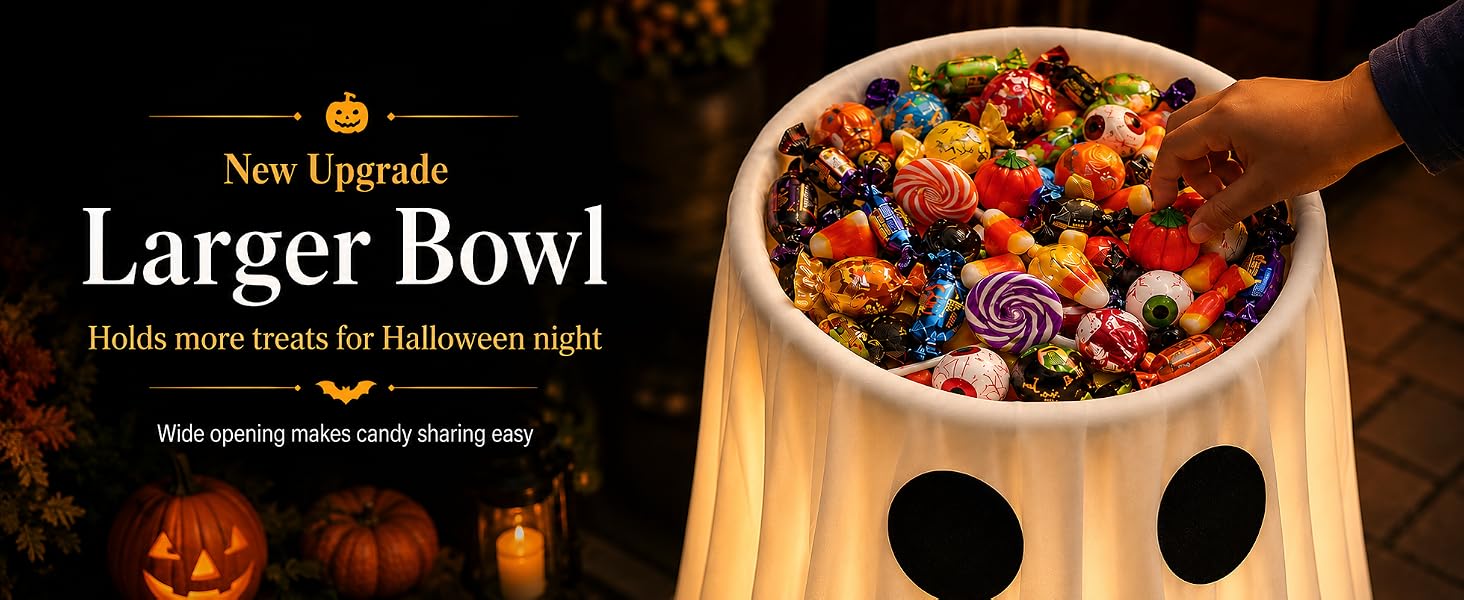 The Glowing Halloween ghost candy bowl has a weighted water bag base to keep stable on porch
