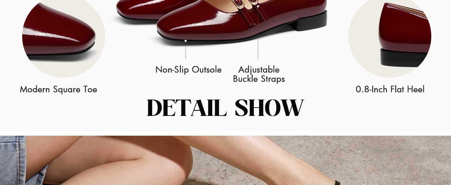 Women's Mary Jane Flats Square Toe Ballet Flats Buckle Strap Slip On Dressy Work Shoes