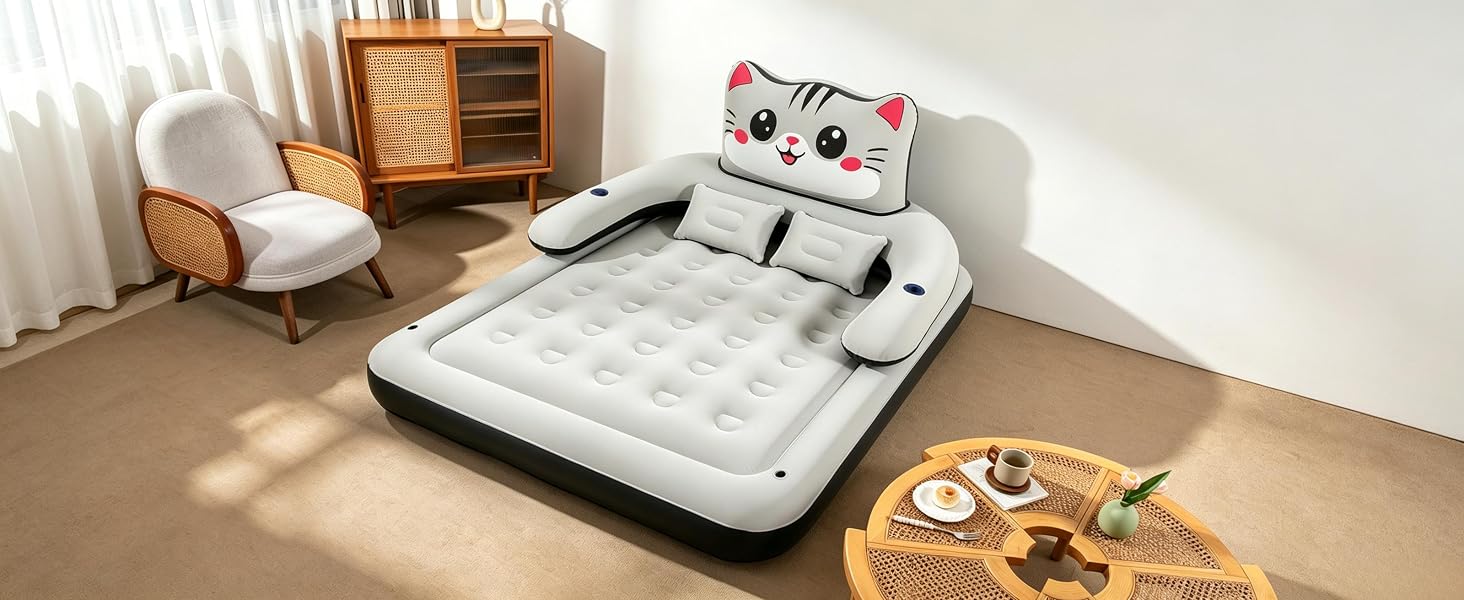 Inflatable bed with a cat pattern