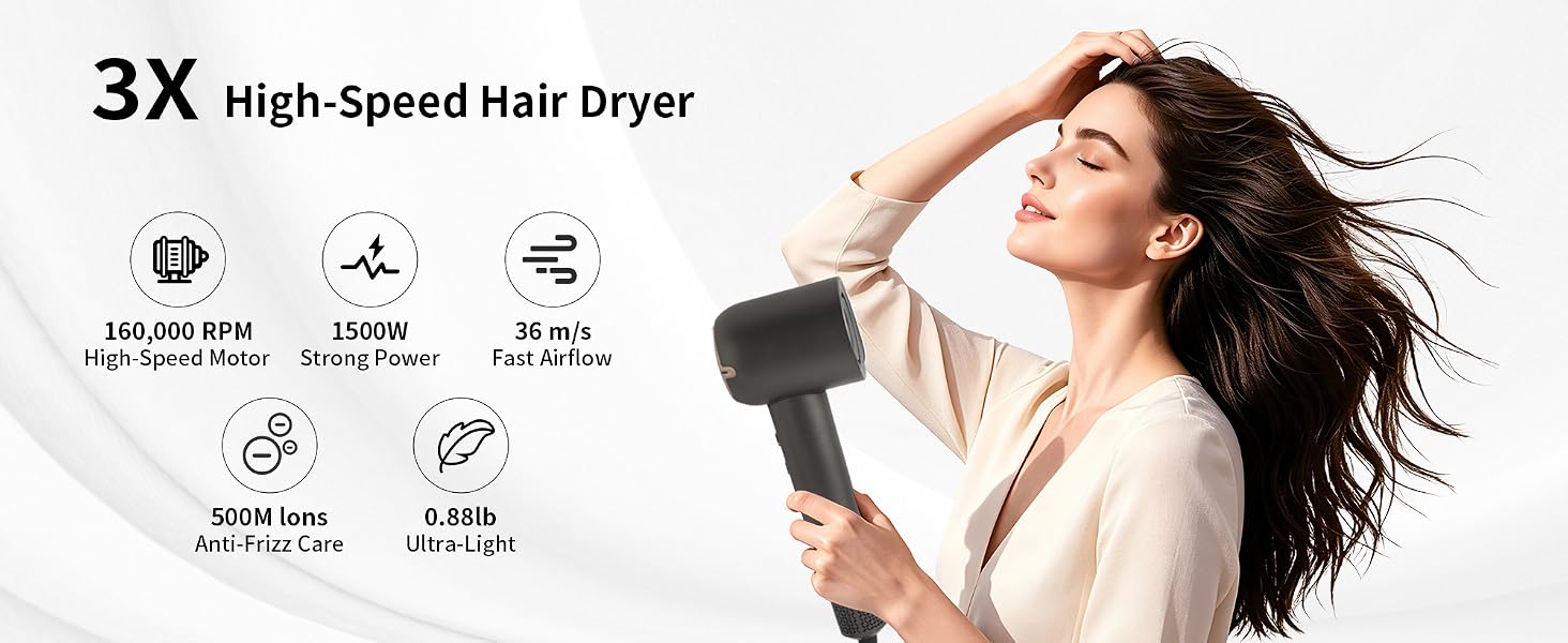 high speed hair dryer 160000 RPM 1500W 500M lons 0.88lb