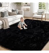 TENGTENGLINK 9x12 Fluffy Shag Area Rug Living Room Washable Non-Slip Black | Ultra Soft 1.8" Thic...