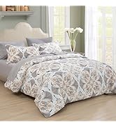 EMME Queen Comforter Set - Grey White Floral Comforter Set with Geometric Flowers Pattern, 7 PCS,...