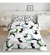 Mid Century Retro Cat Bedding Comforter Set Queen Size for Boys Girls | Brown Red Yellow Cat Bed ...